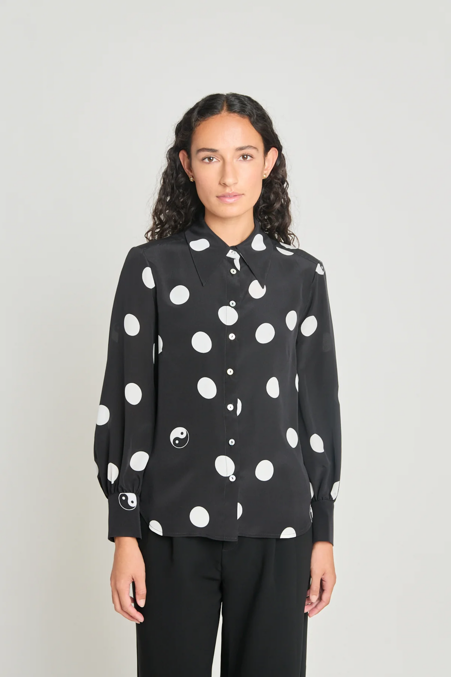 Twenty-Seven Names Existentialist Shirt - Black Polka Dot