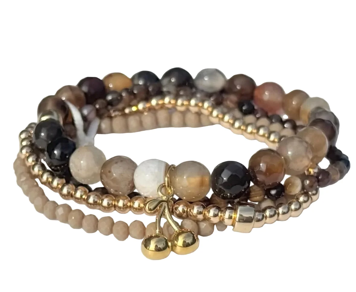 Lindi Kingi Beaded Bracelet Set - Espresso Agate & Gold with Cherry