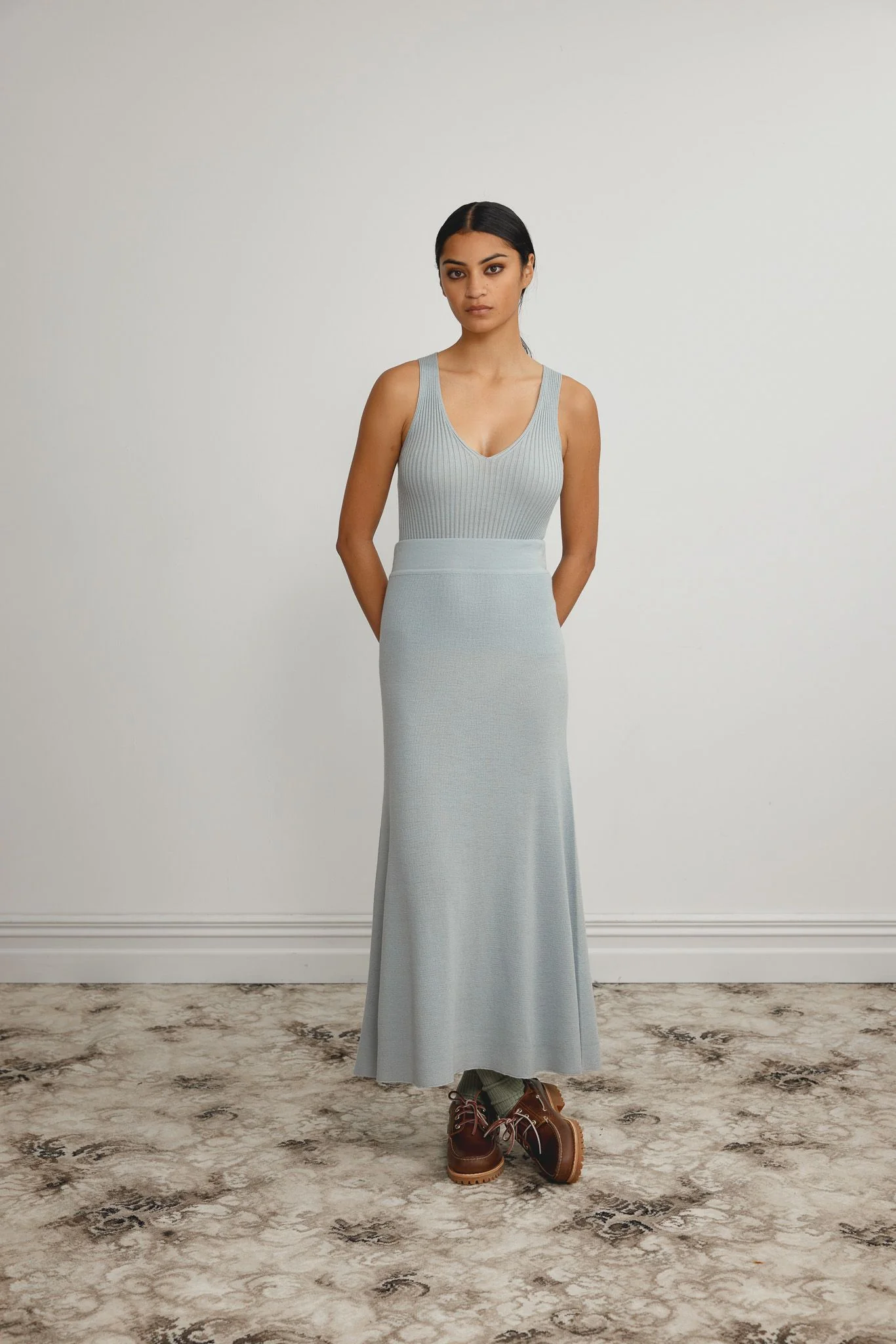 Standard Issue Merino Rib V Neck Tank - Powder