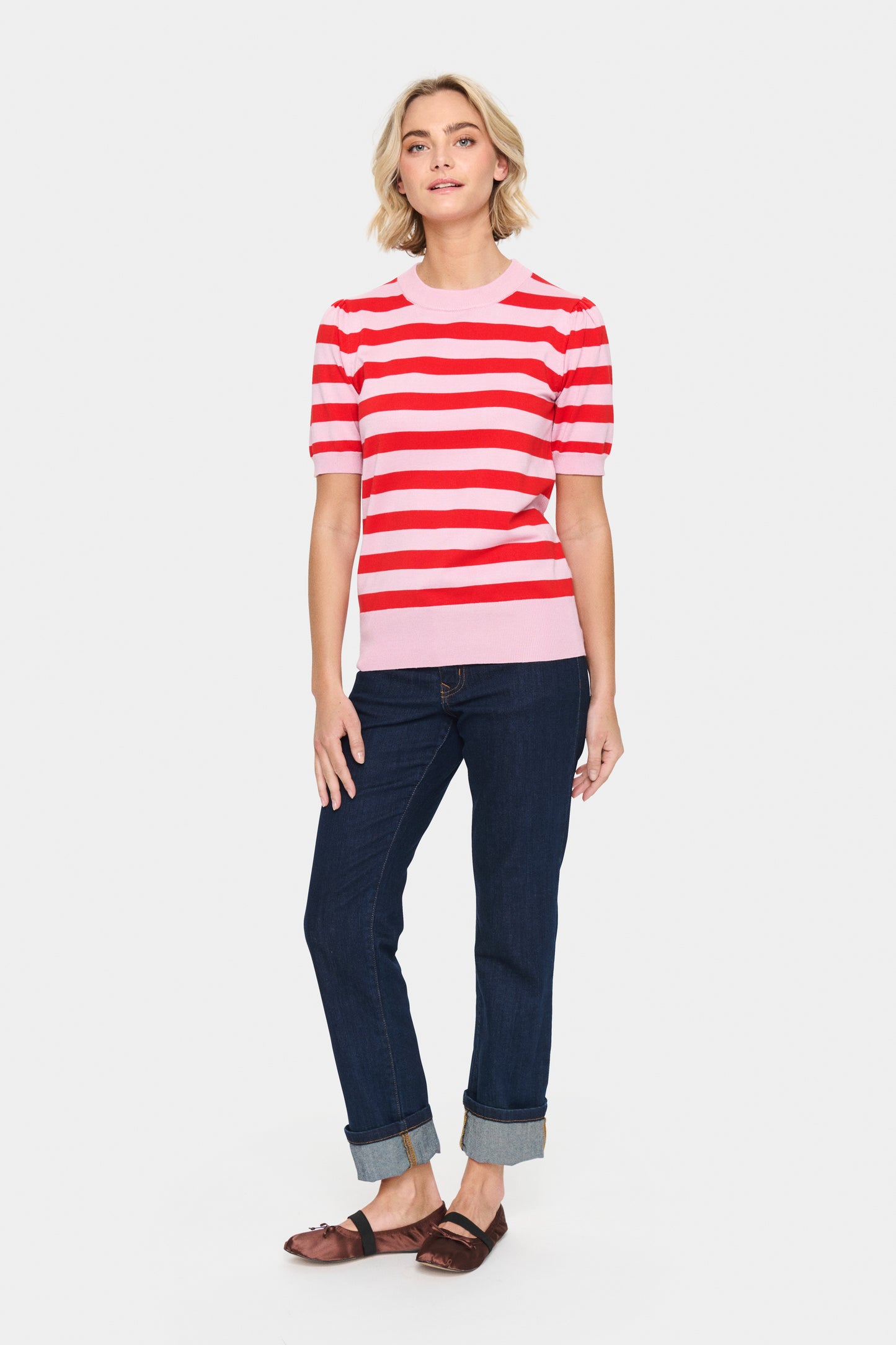 Saint Tropez Mila SZ SS Block Stripe Pullover - Pink Flame