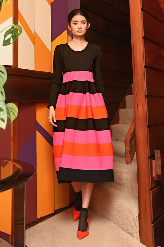 Coop Stripe Writer Dress - Black, Pink & Orange
