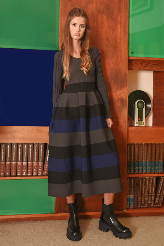 Coop Stripe Writer Dress - Charcoal, Black & Navy