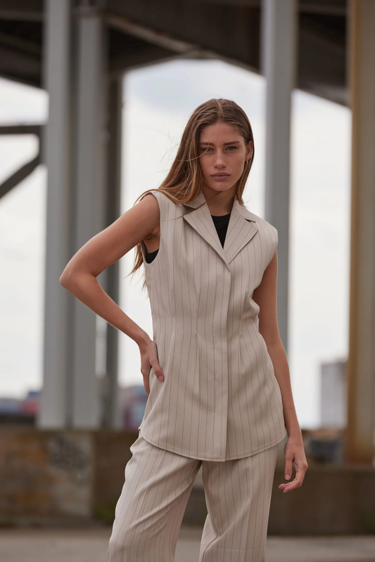 Bruuns Bazaar Apricot Urwa Waistcoat - Light Grey Stripes