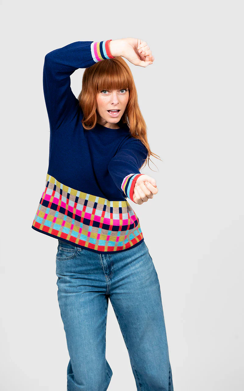 Bridge & Lord Jacquard Check Border Pullover - Carbon Blue