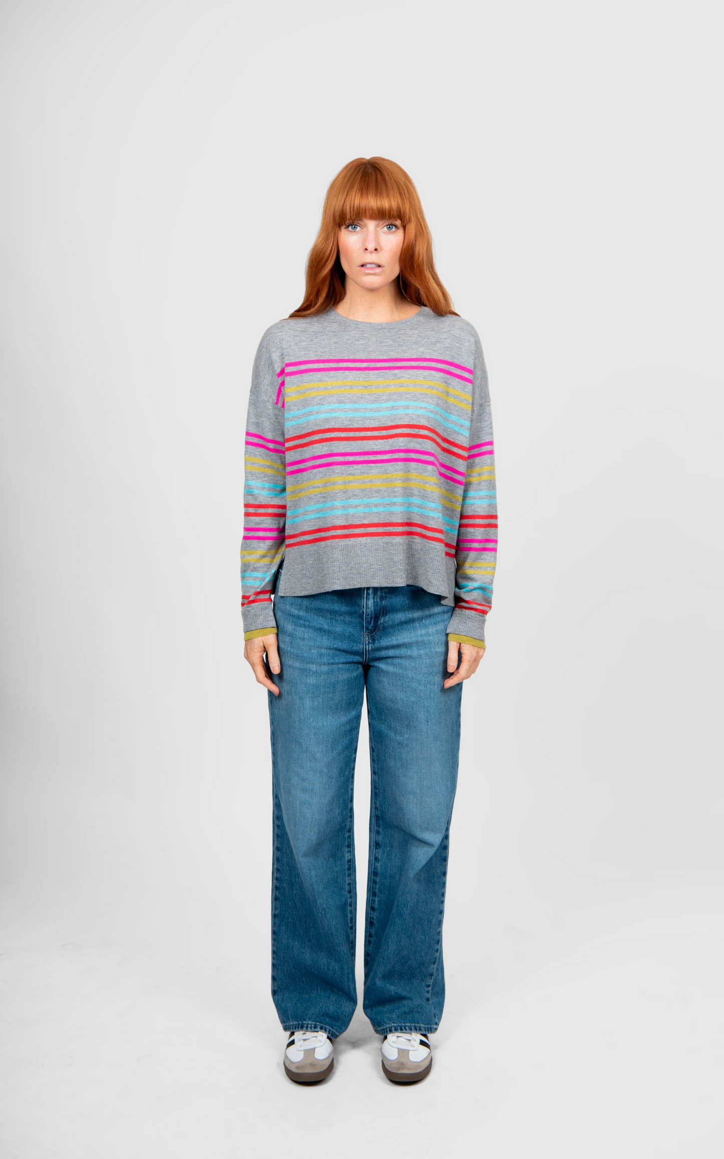 Bridge & Lord Multi Stripe Relaxed Pullover - Mid Grey Stripe