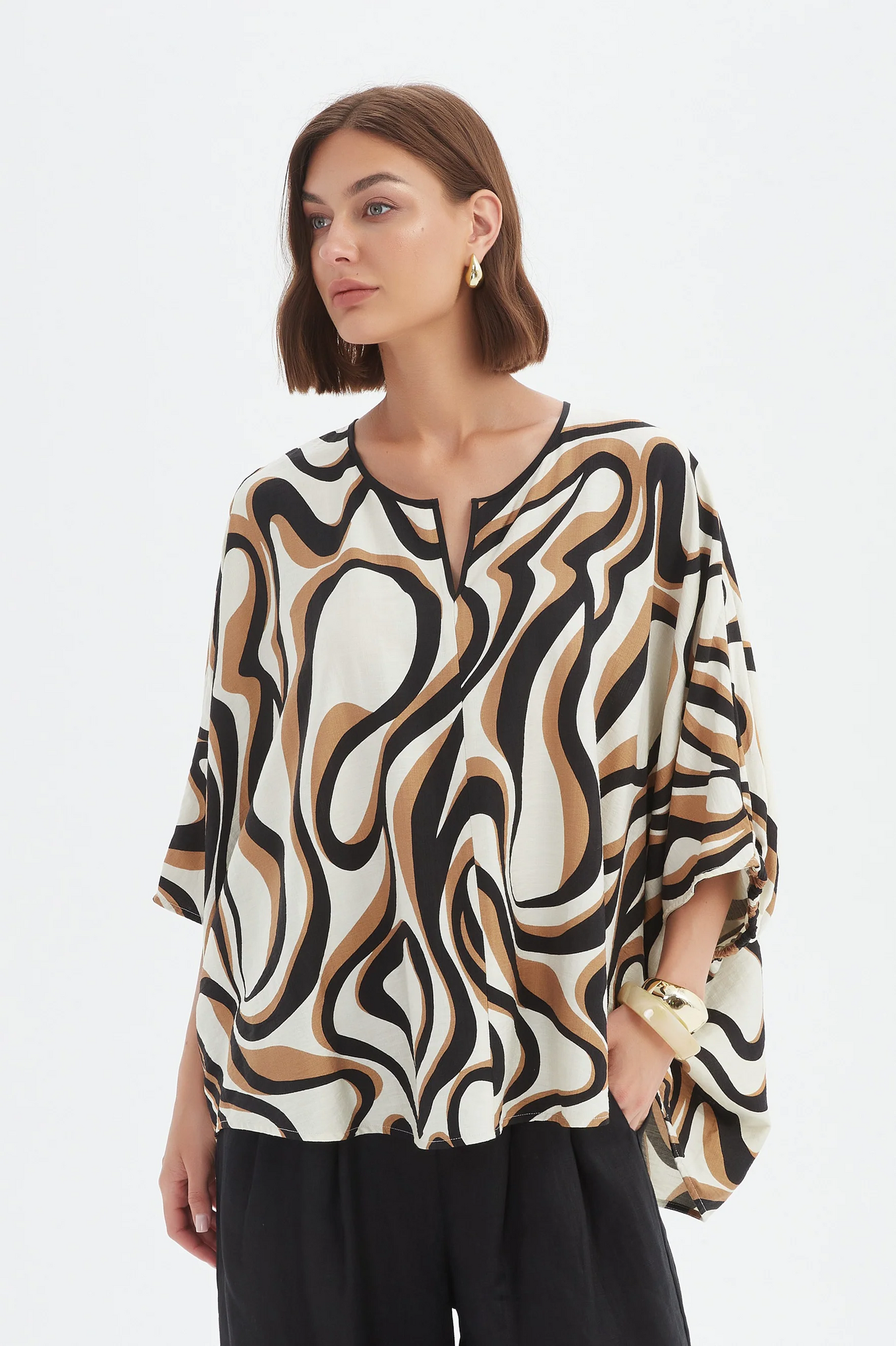 Tirelli Notch Neck Print Top - Caramel Swirl Print