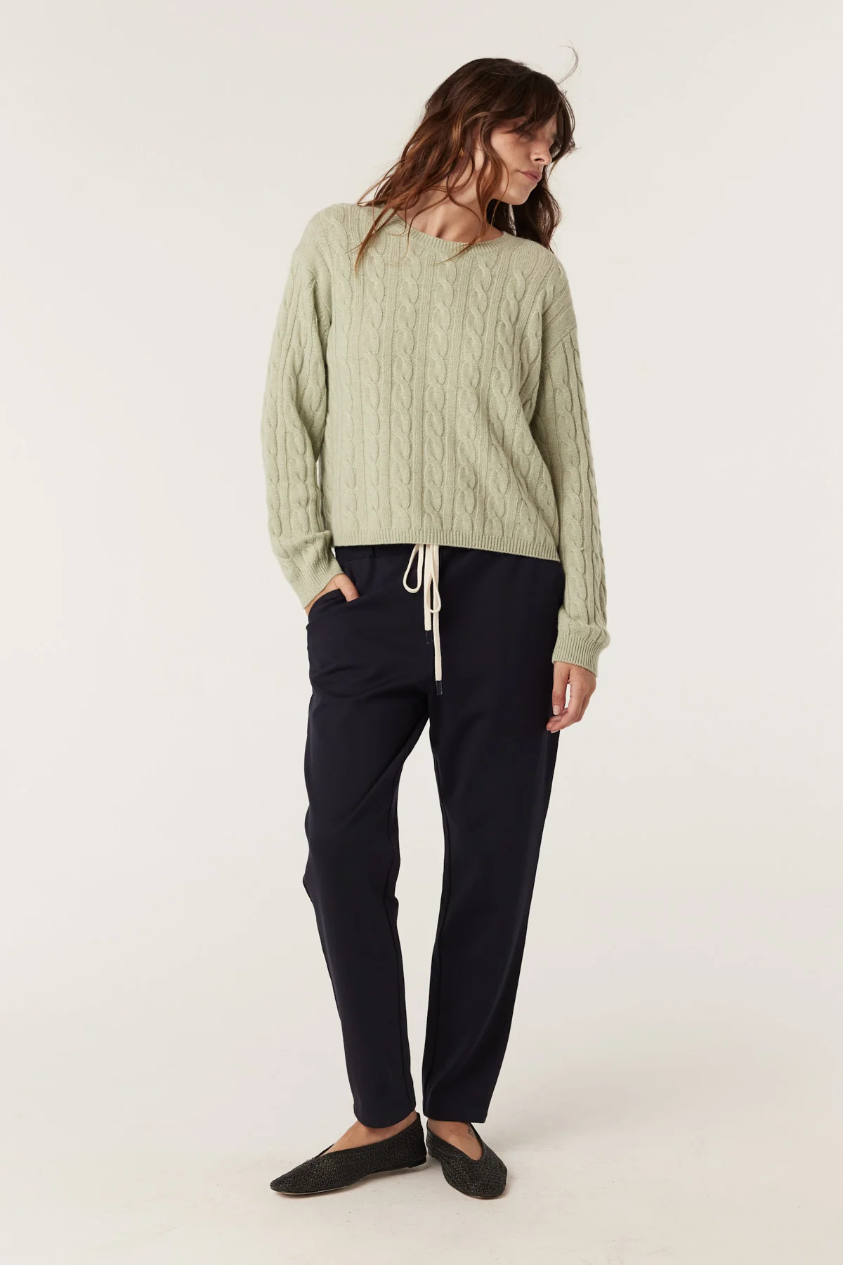 Cable Cashwool Cable Crew Jumper - Pistachio Green