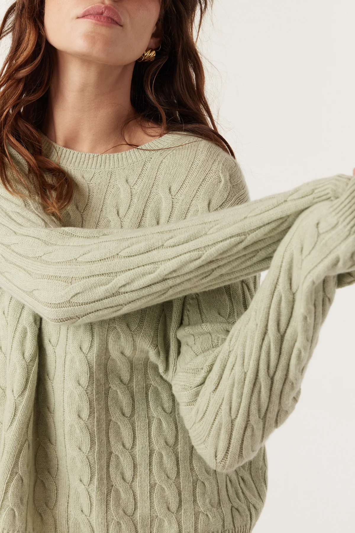 Cable Cashwool Cable Crew Jumper - Pistachio Green
