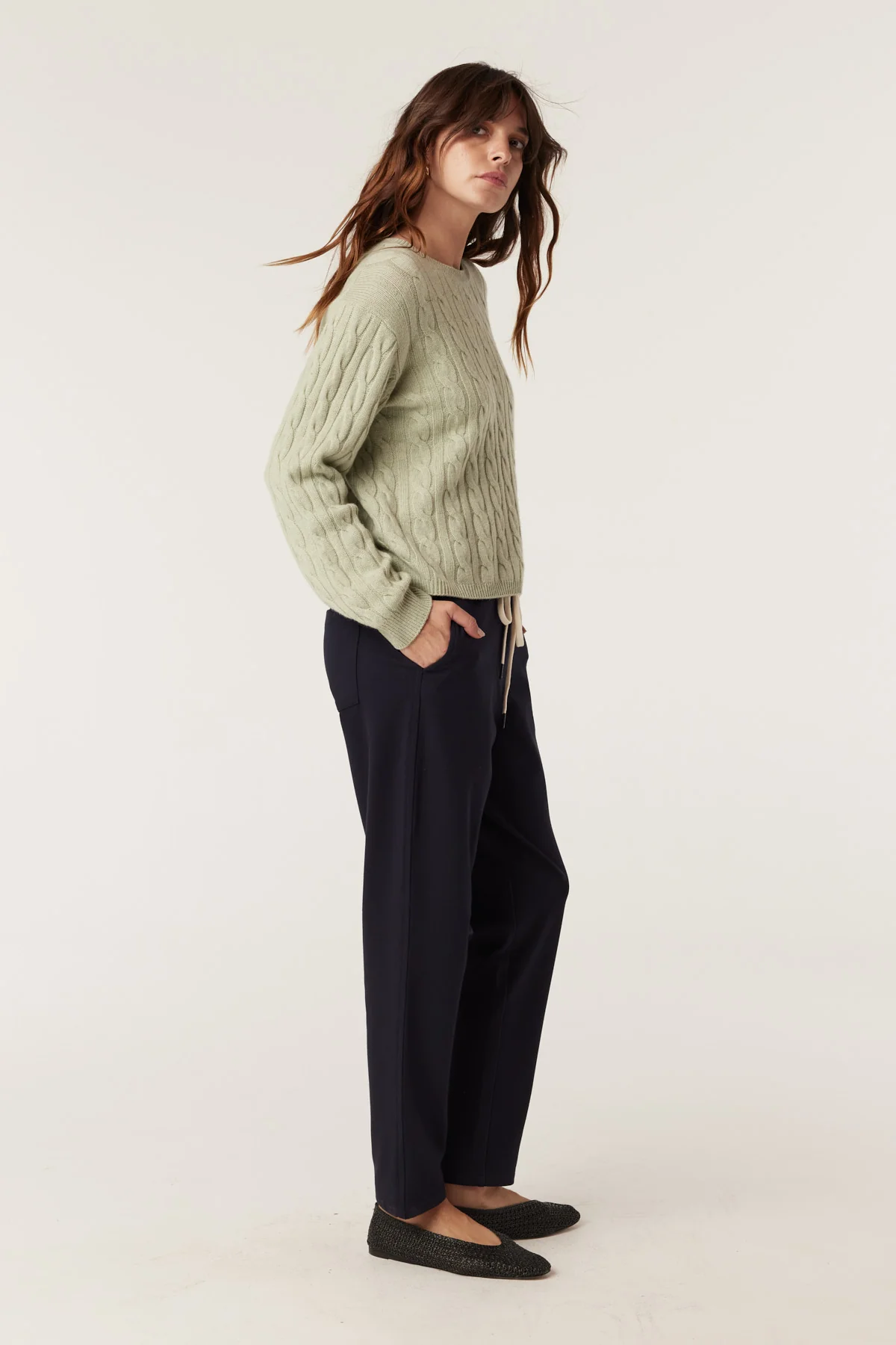 Cable Cashwool Cable Crew Jumper - Pistachio Green