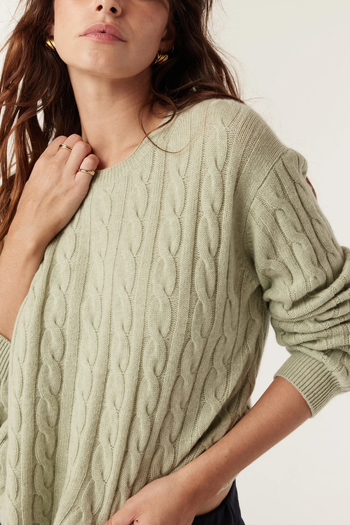 Cable Cashwool Cable Crew Jumper - Pistachio Green