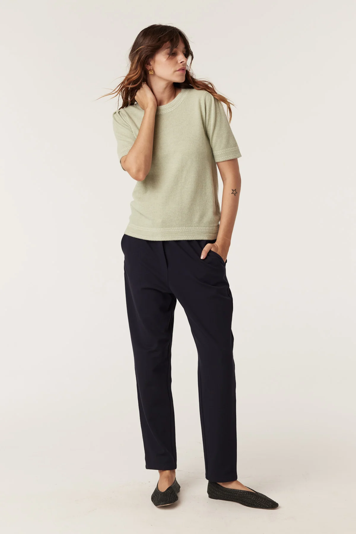 Cable Cashwool Crew Tee - Pistachio Green