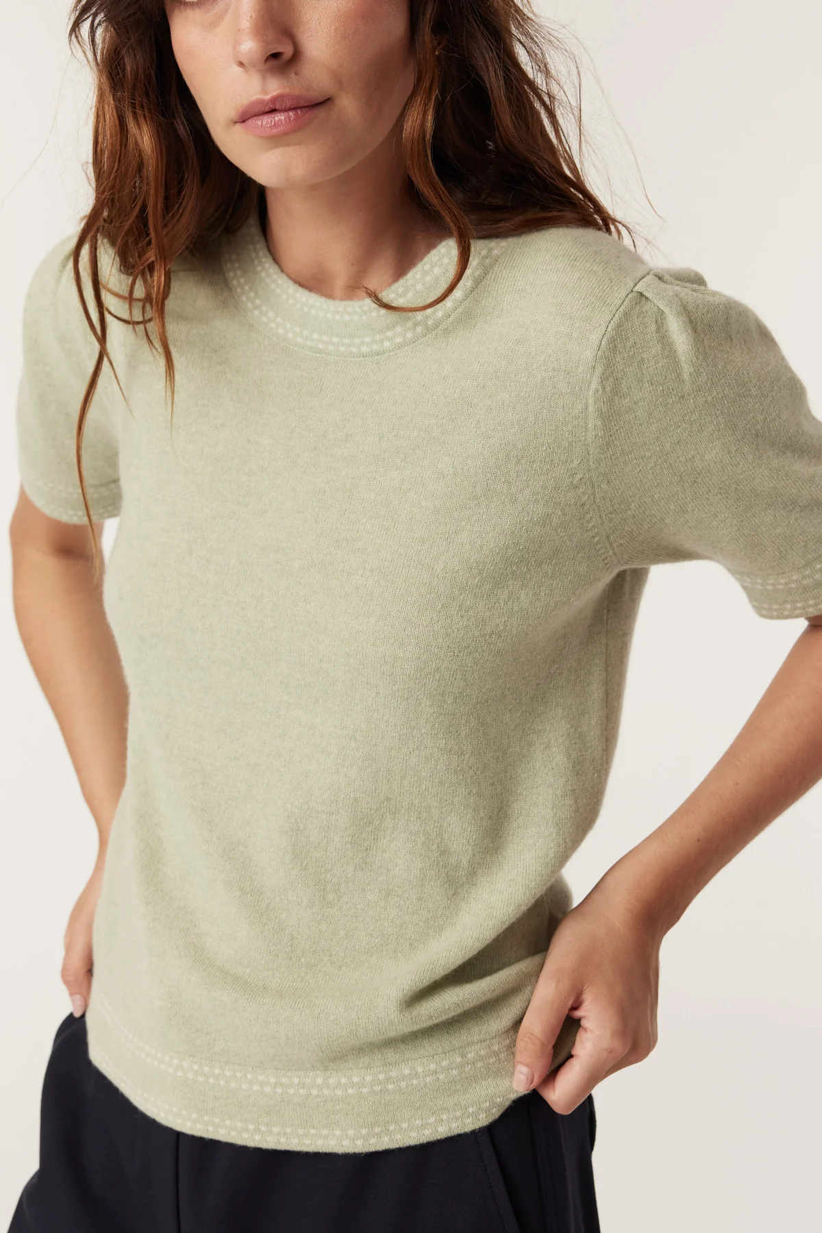 Cable Cashwool Crew Tee - Pistachio Green