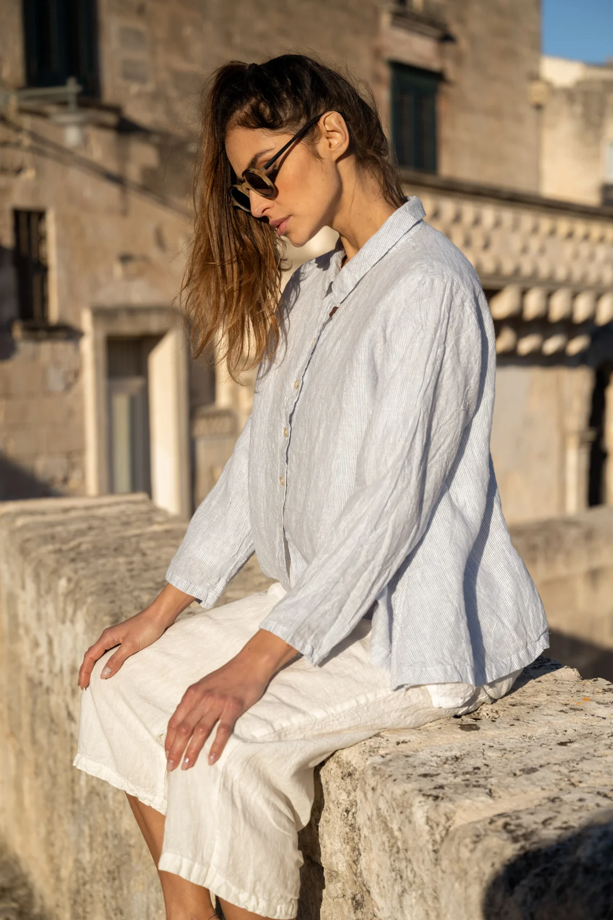 Meg By Design Chiara Linen Shirt - Blue Pin Stripe