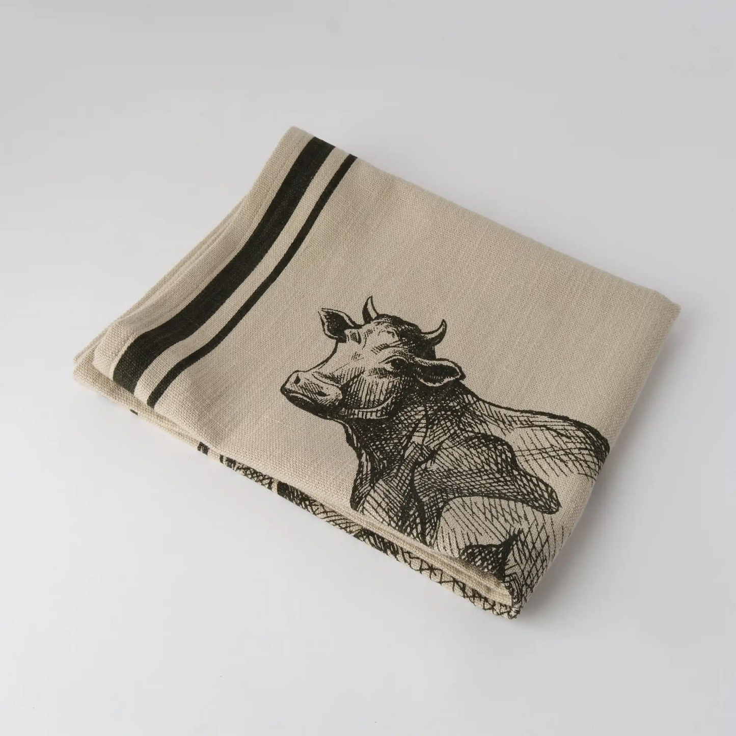 Le Forge French Grainsack Tea Towel Natural & Olive - Cow