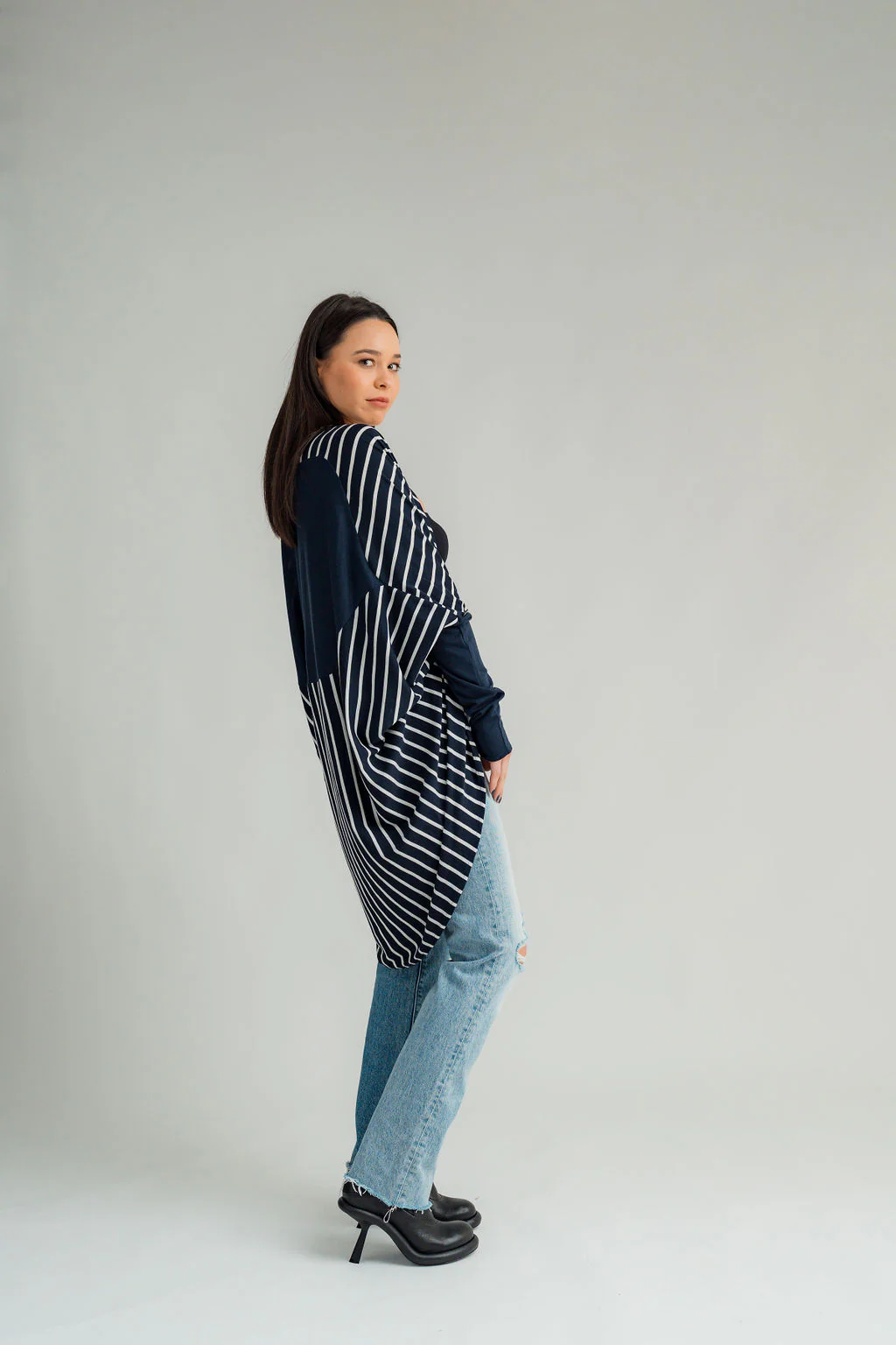 NES Merino Contrast Voltage Cardi - Stripe/Ink