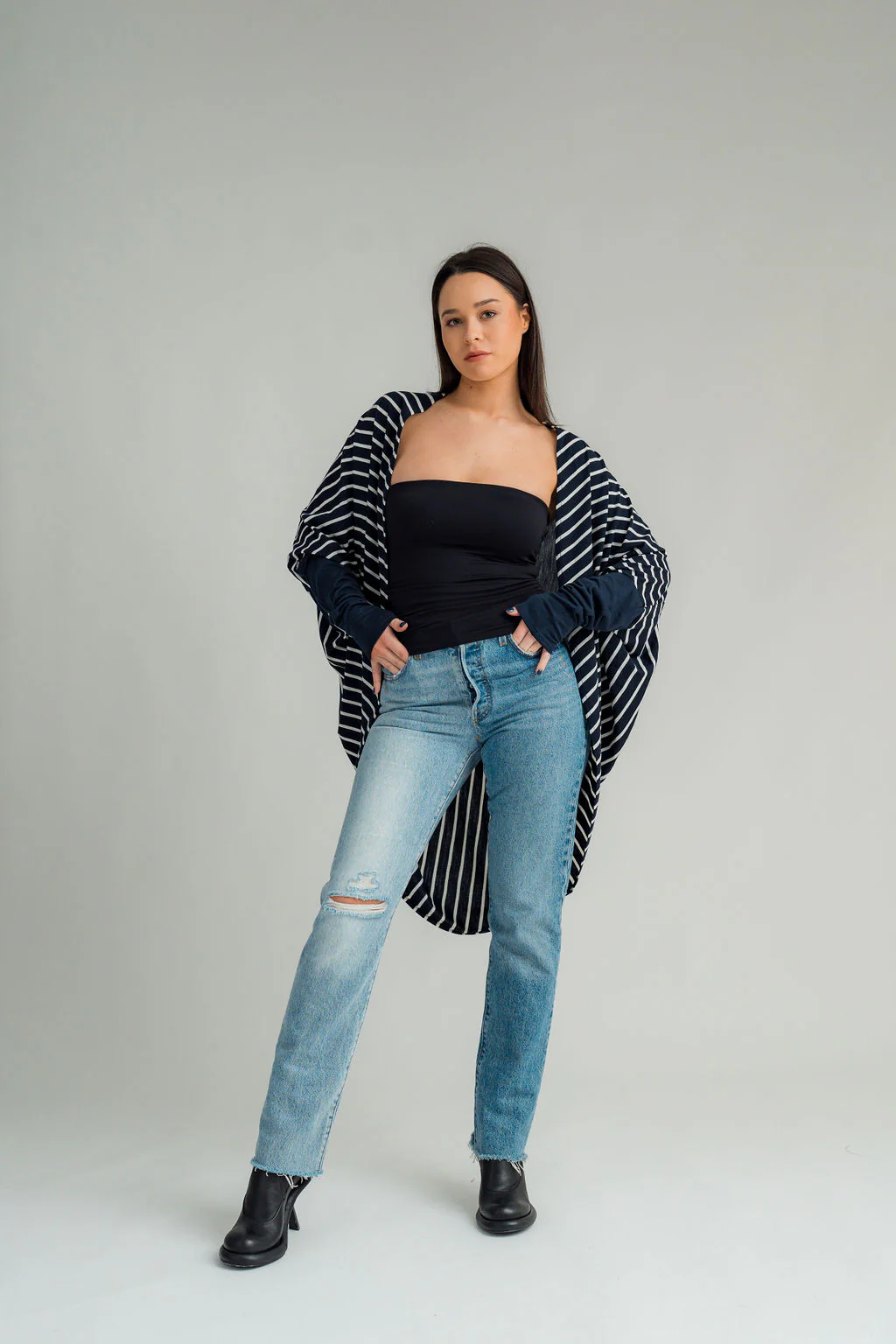 NES Merino Contrast Voltage Cardi - Stripe/Ink