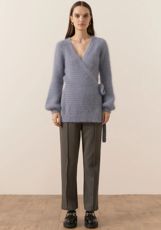 POL Genus Pointelle Wrap Cardigan - Blue