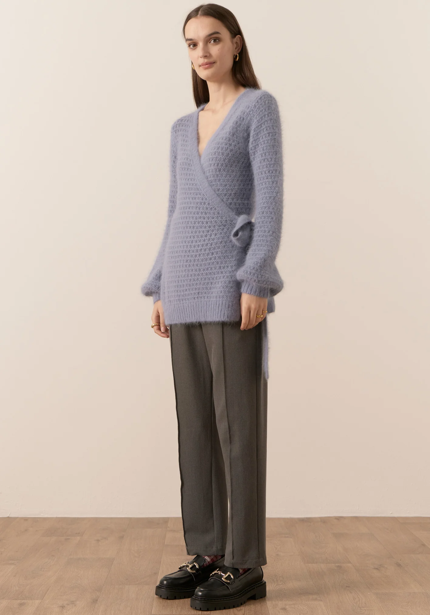 POL Genus Pointelle Wrap Cardigan - Blue