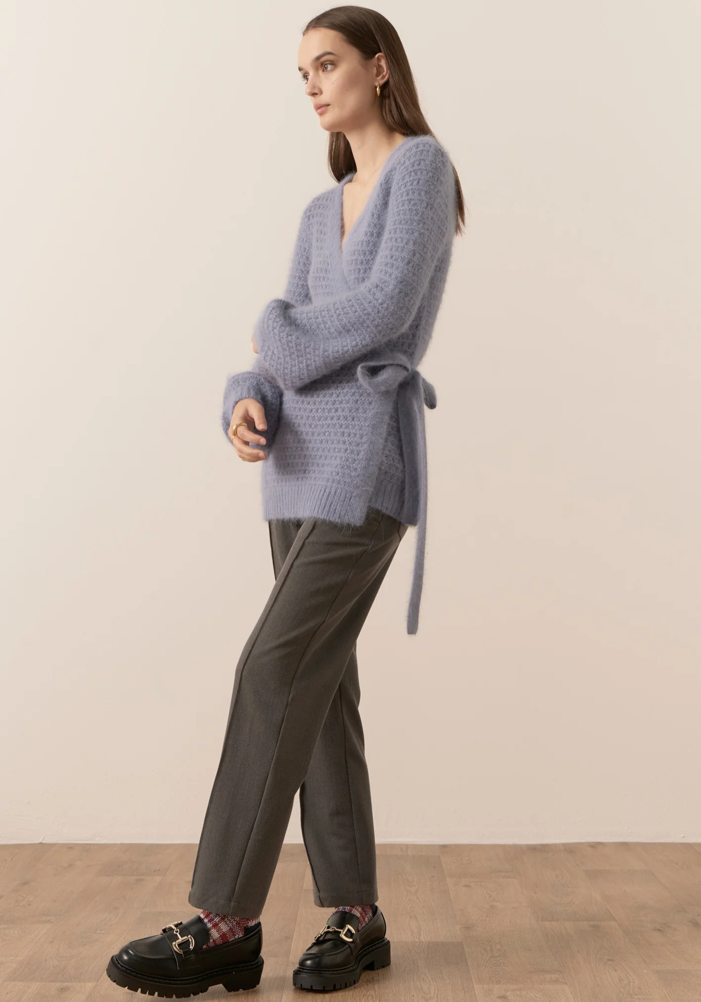 POL Genus Pointelle Wrap Cardigan - Blue