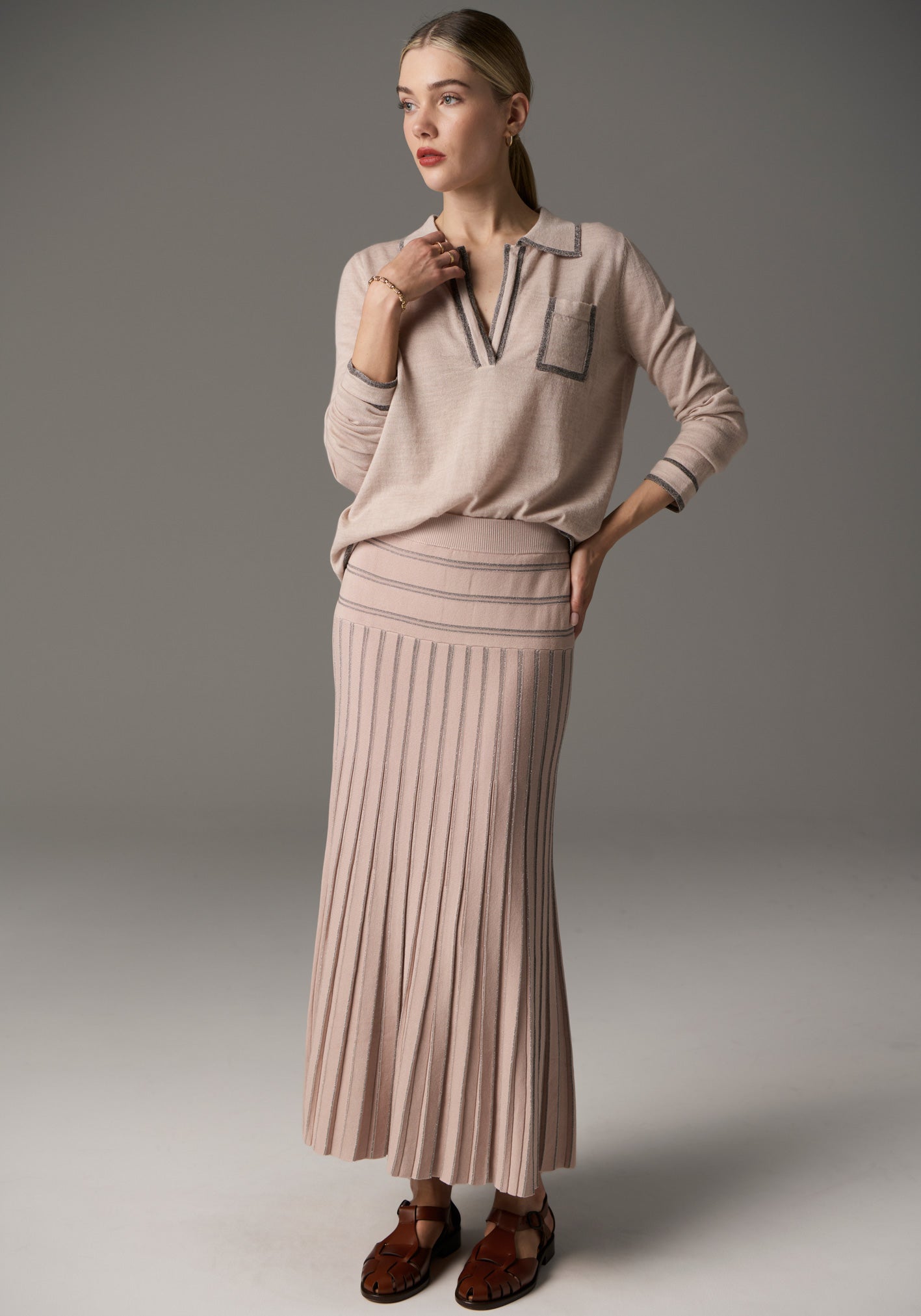 POL Gizelle Pleat Skirt Lurex - Blush/Silver