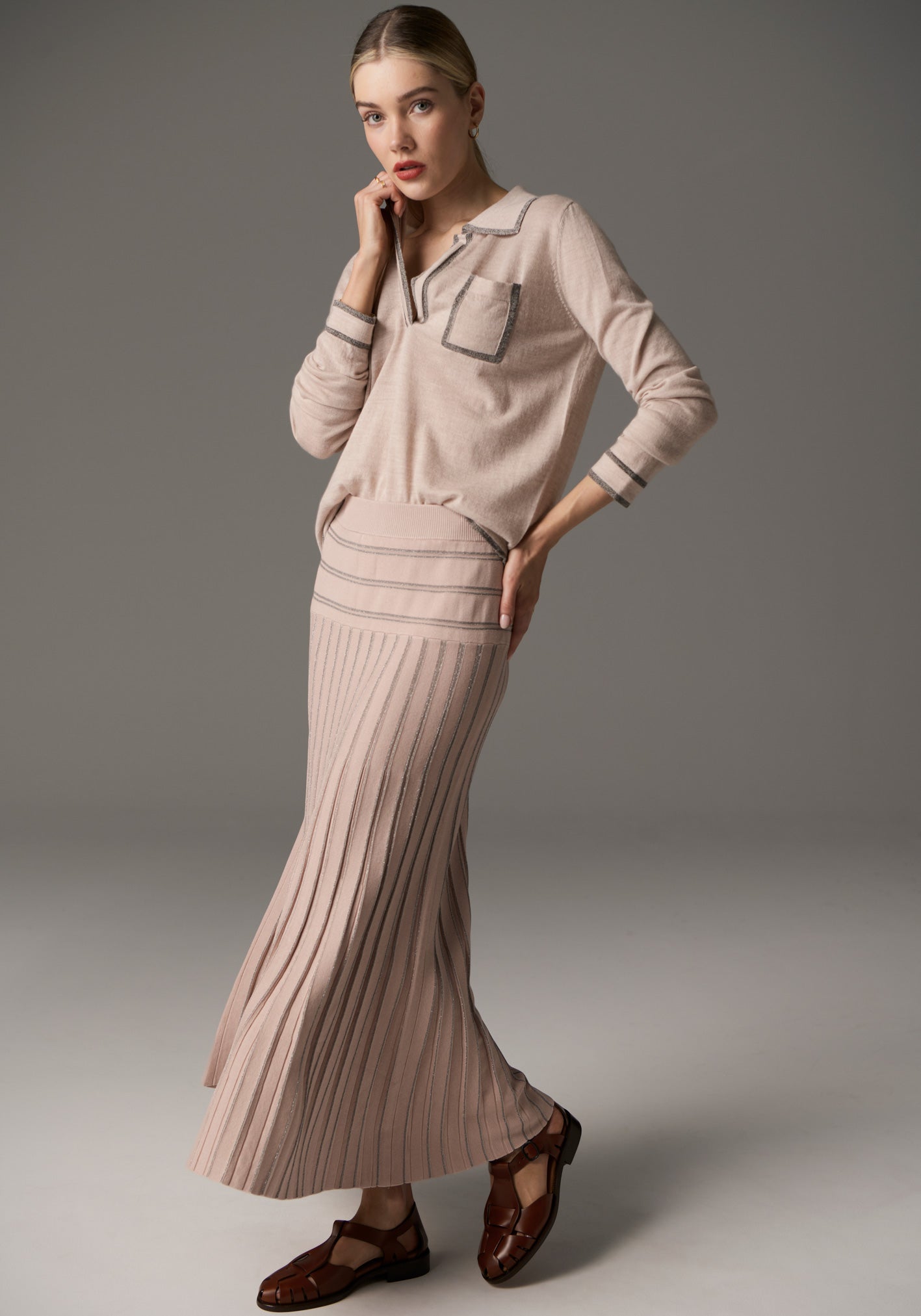 POL Gizelle Pleat Skirt Lurex - Blush/Silver