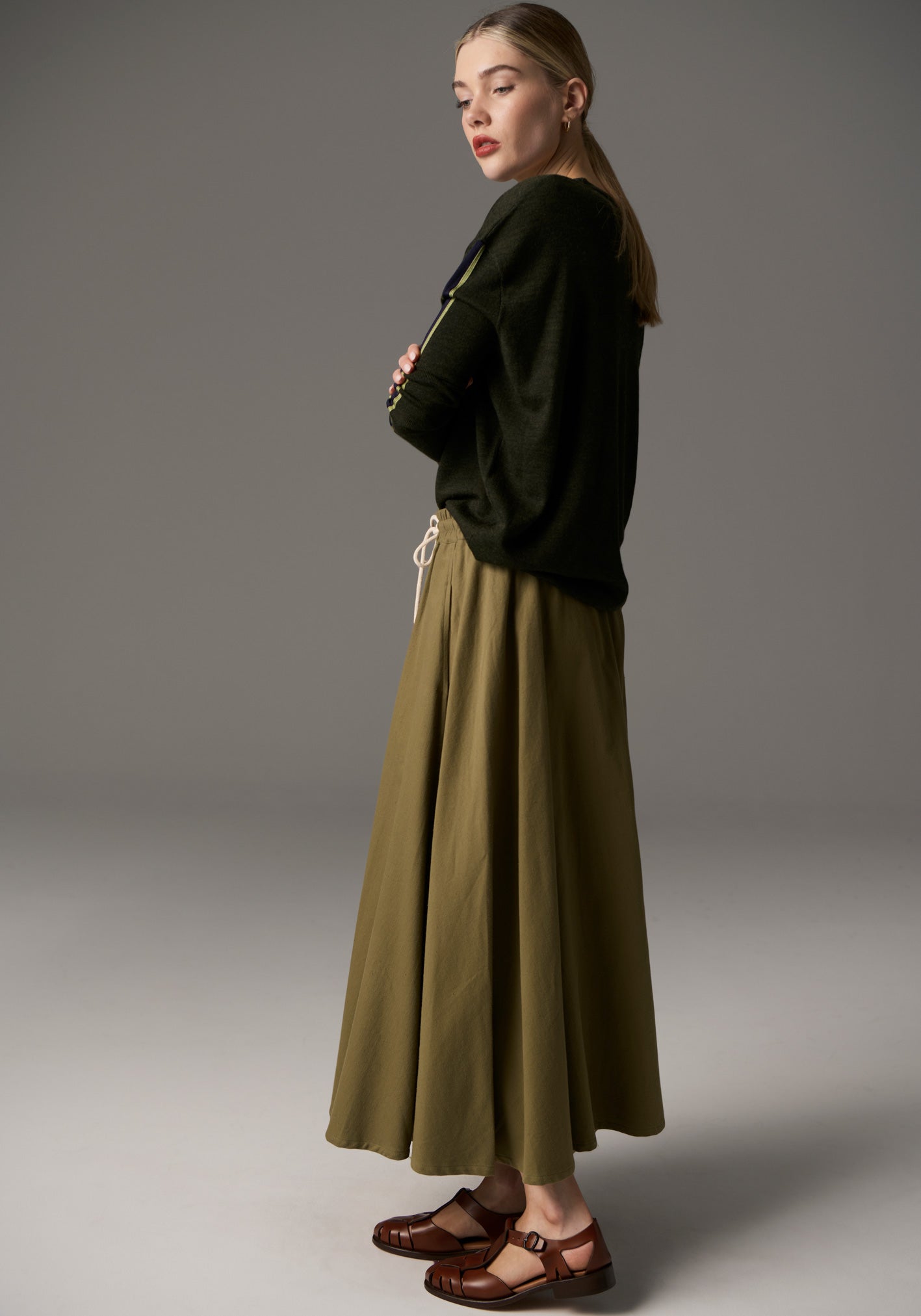 POL Bennet Drape Back Knit - Khaki/Ink/Green