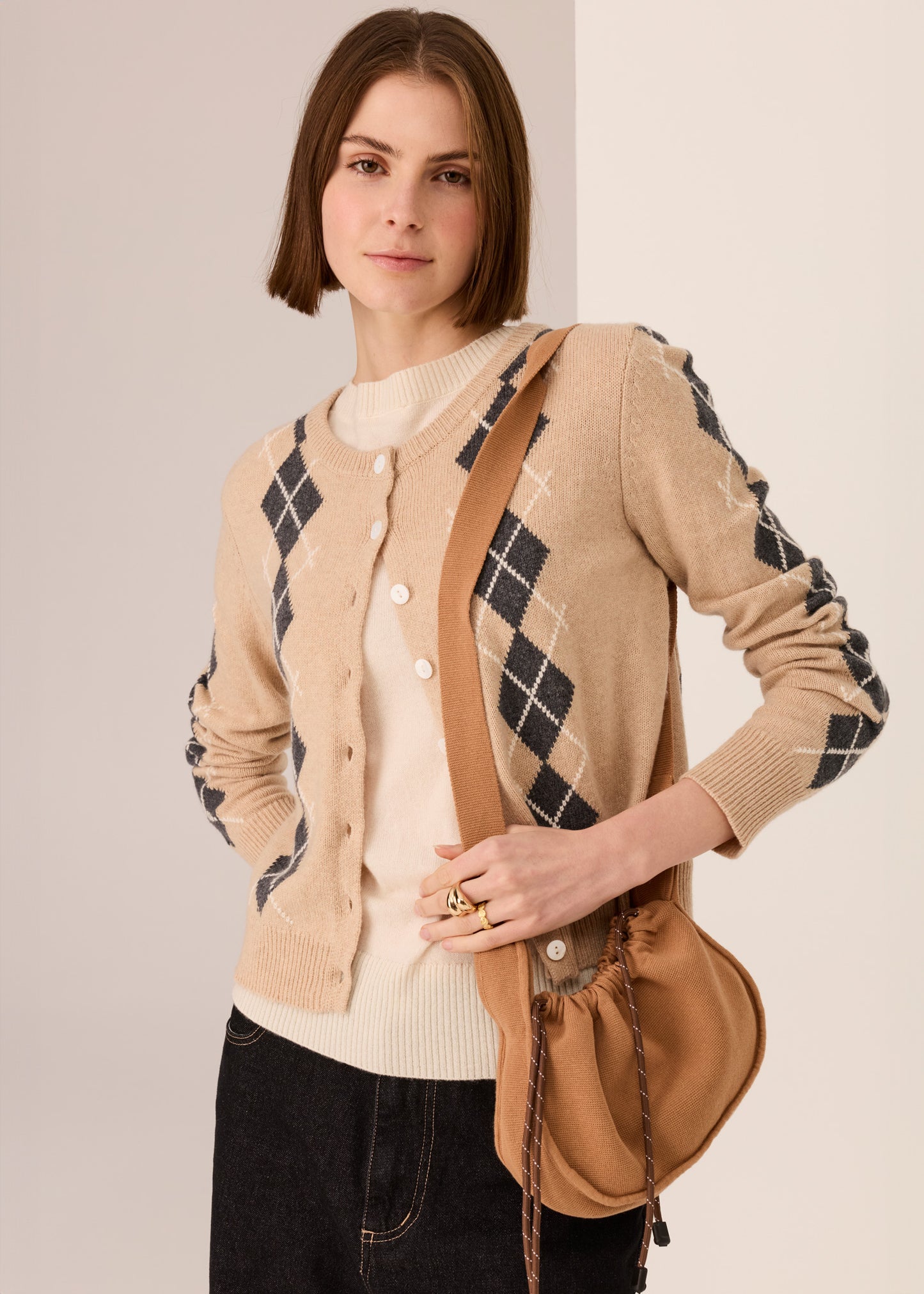 POL Loren Argyle Cardigan - Pebble/Charcoal