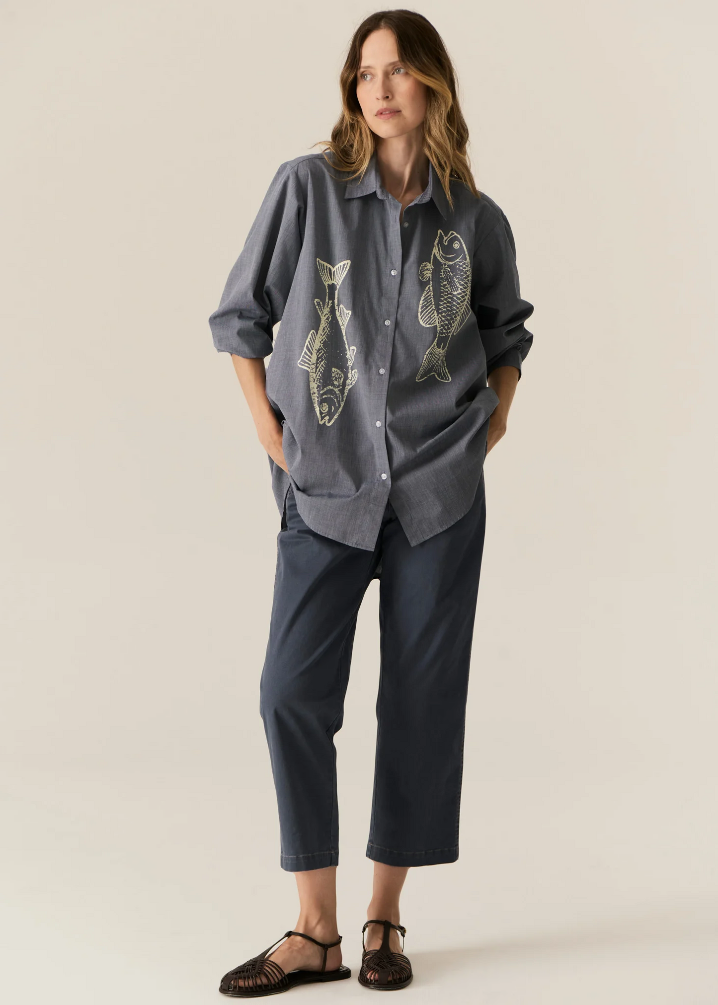 POL Cassis Fish Shirt - Denim Pebble