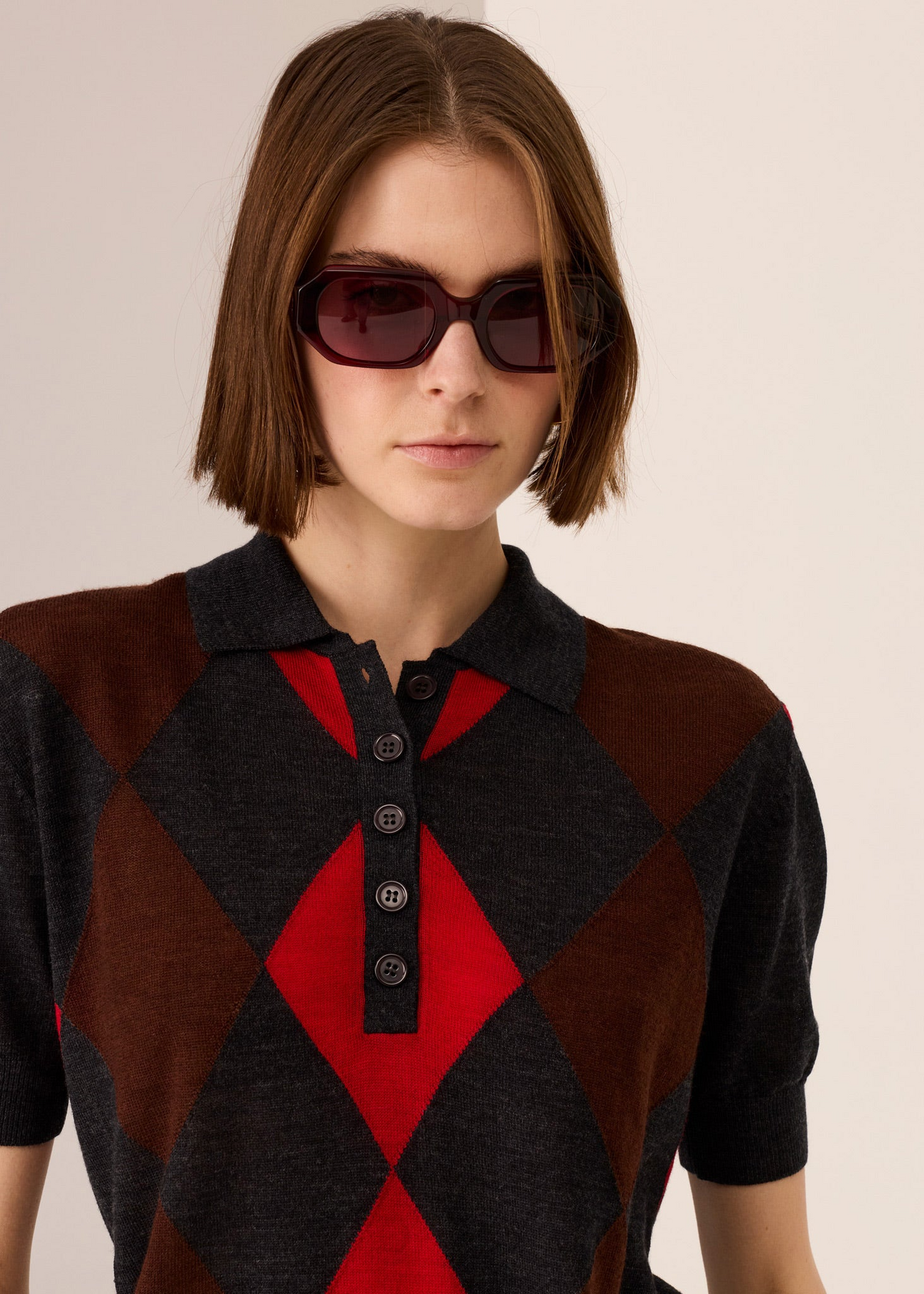 POL Meira Argyle Knit Tee - Char/Red/Toffee