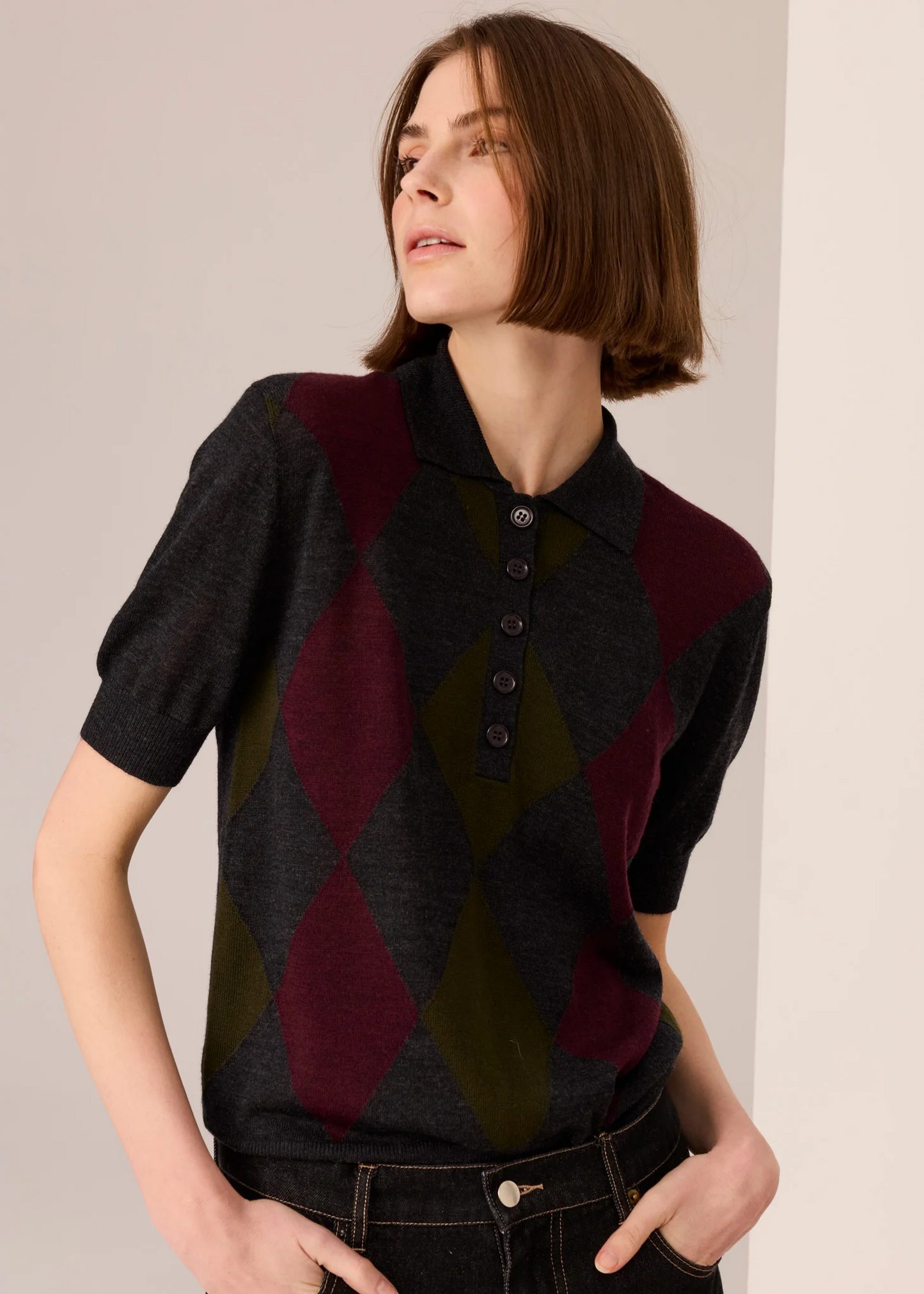 POL Meira Argyle Knit Tee - Char/Khaki/Merlot