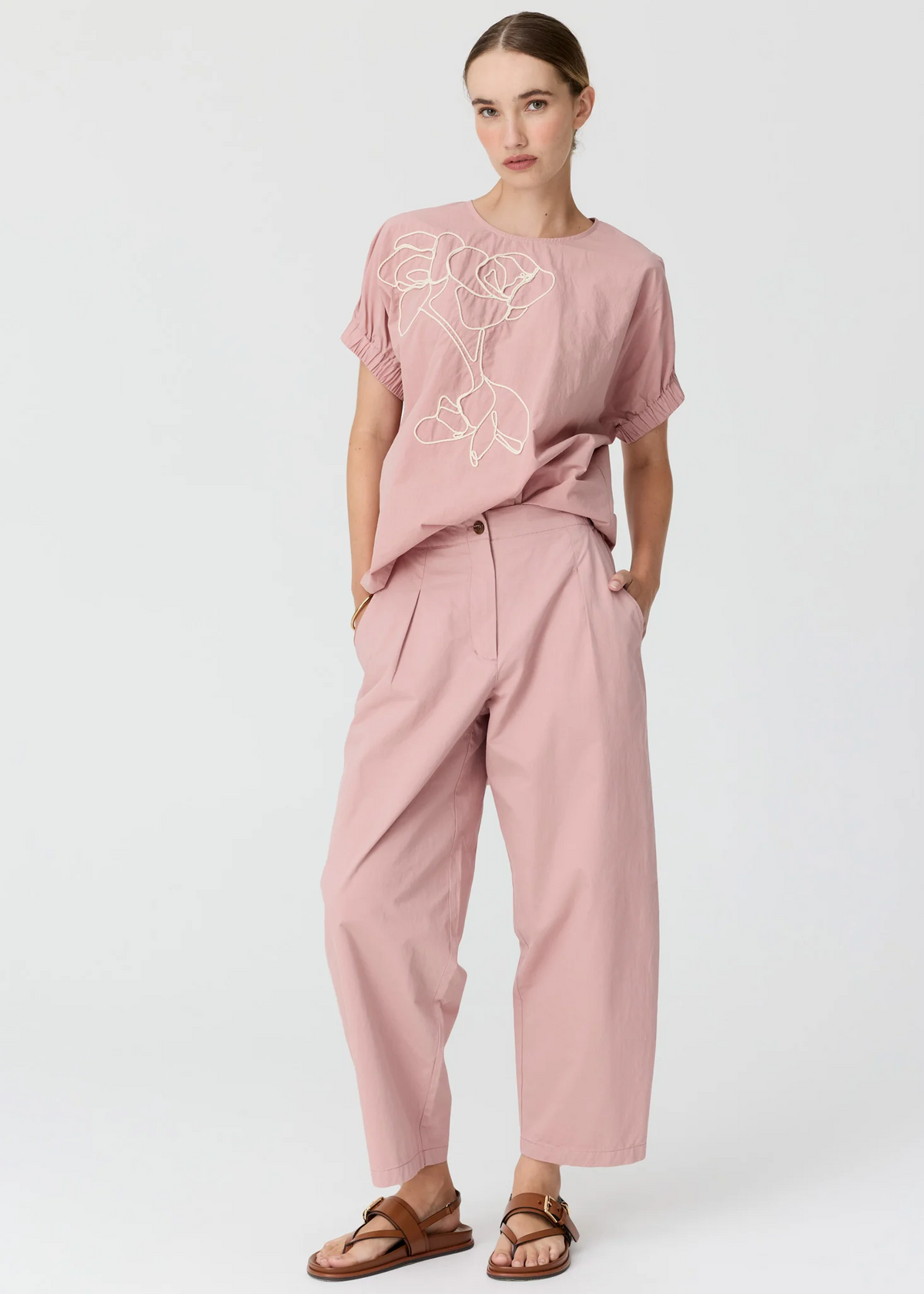 POL Ivy Cornelli Embroidered Top - Pink/Chalk