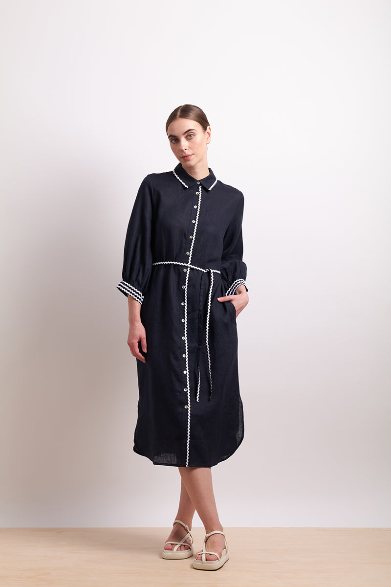 Neris Ric Rac Shirt Dress - Indigo