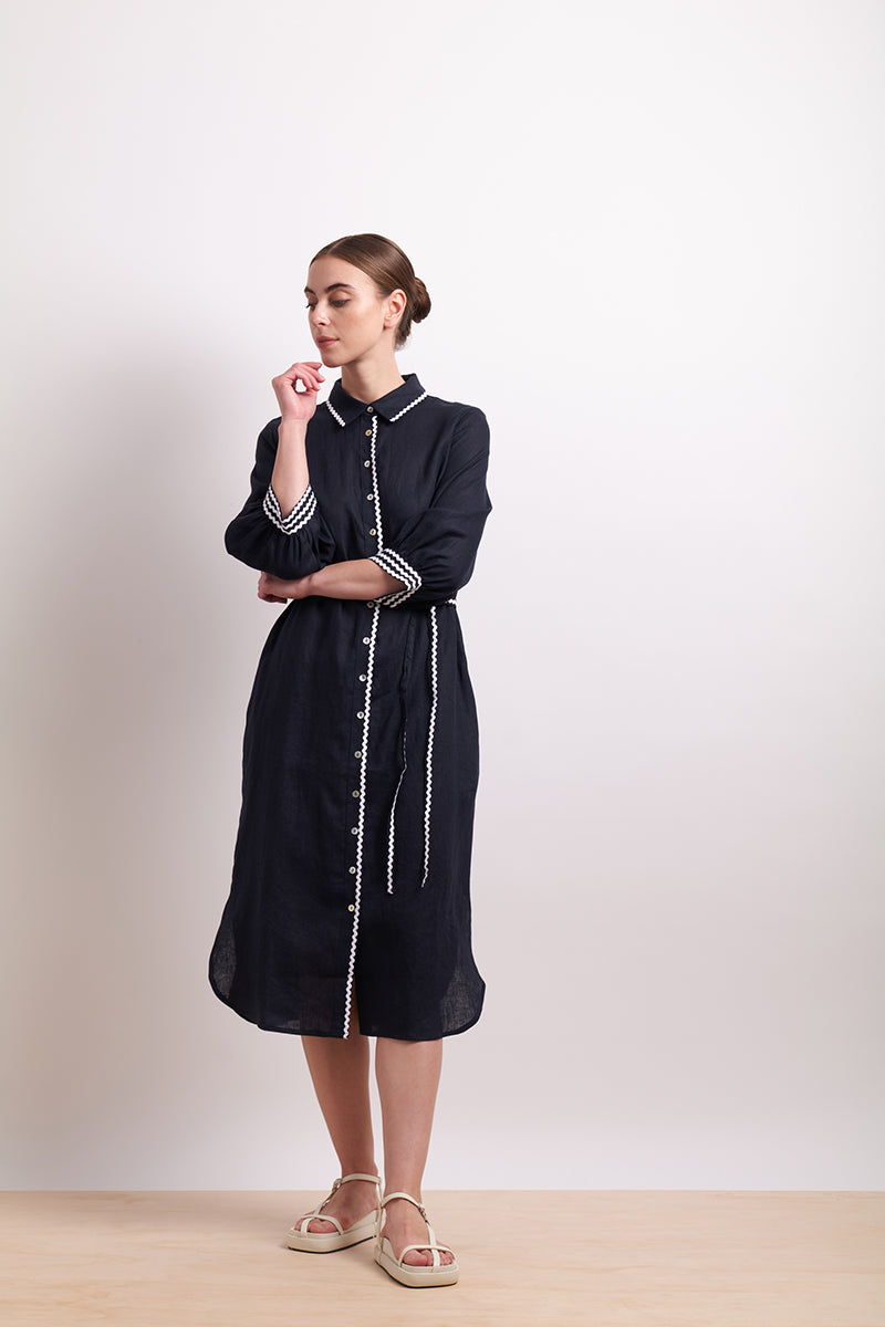 Neris Ric Rac Shirt Dress - Indigo