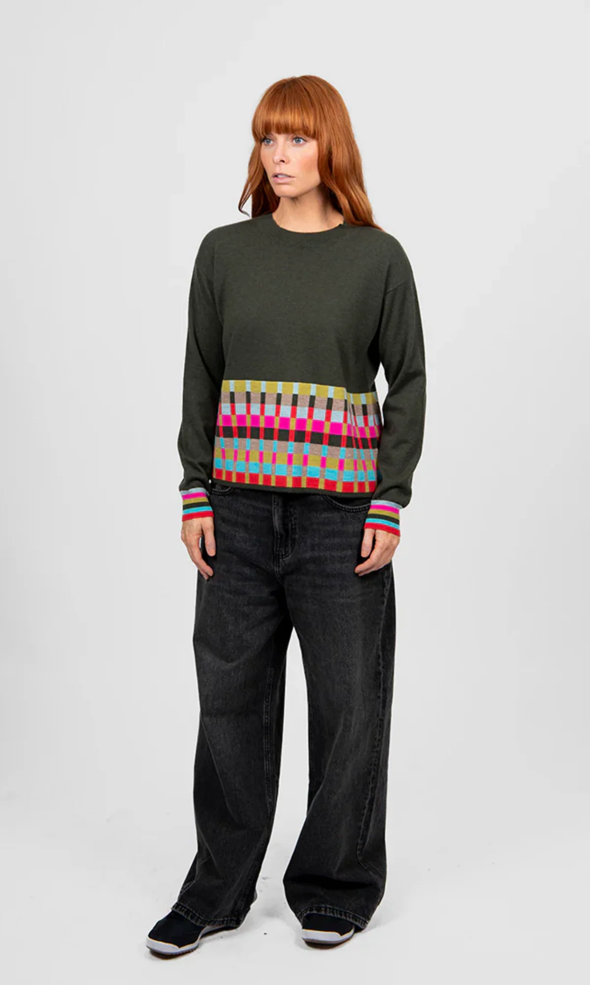 Bridge & Lord Jacquard Check Border Pullover - Olive