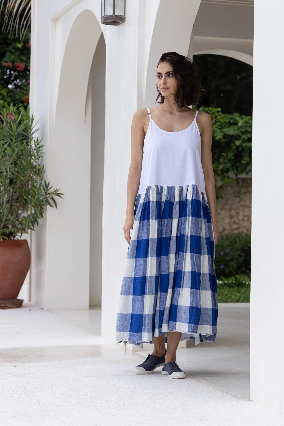 Meg By Design Long High Tea Slip - Blue Gingham