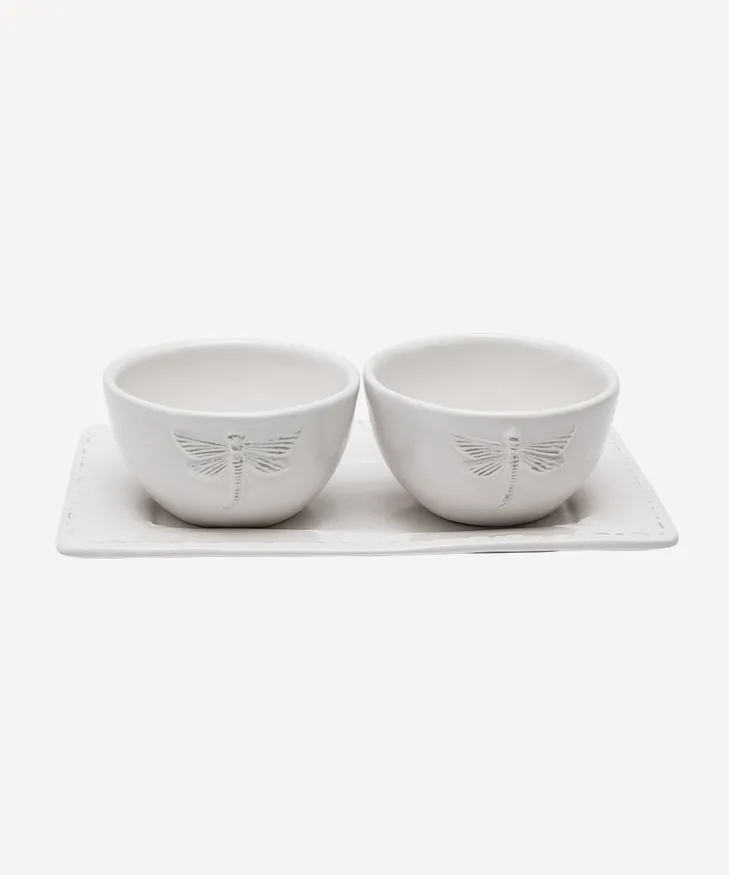 French Country Dragonfly Stoneware Condiment Set - White