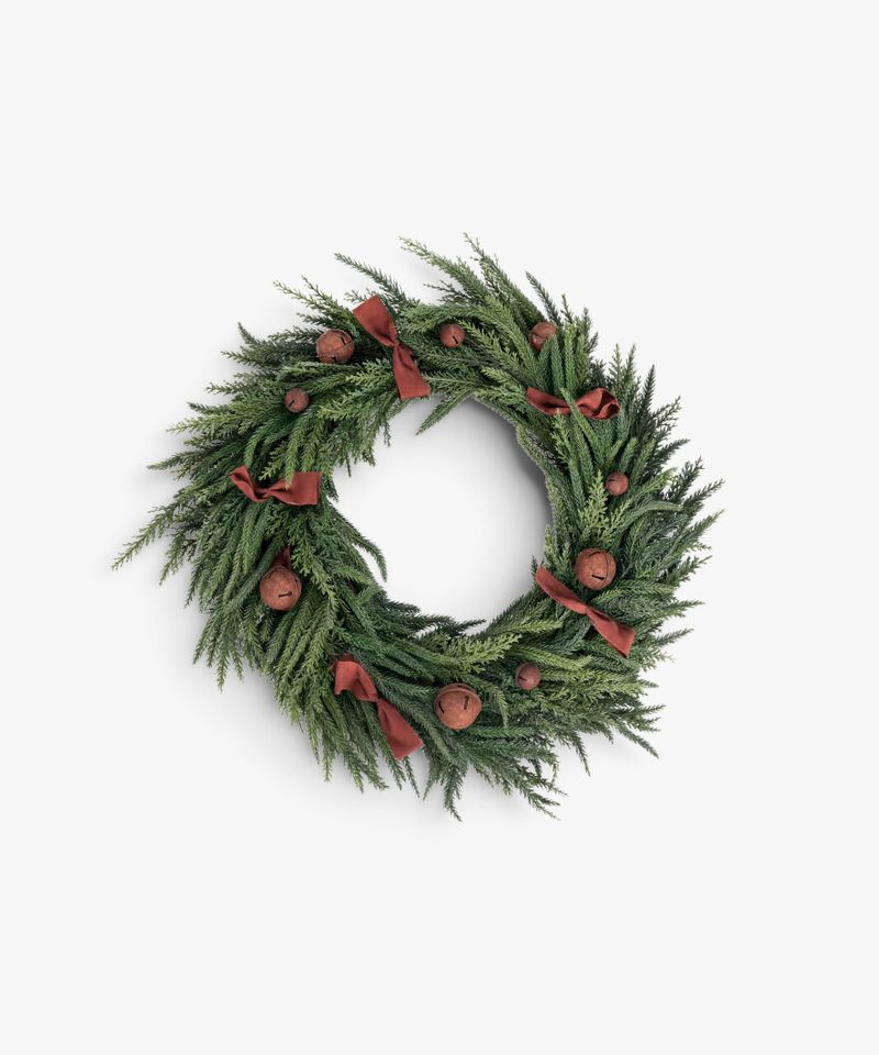 French Country Mixed Pine Wreath Brown Velvet Bows and Bells