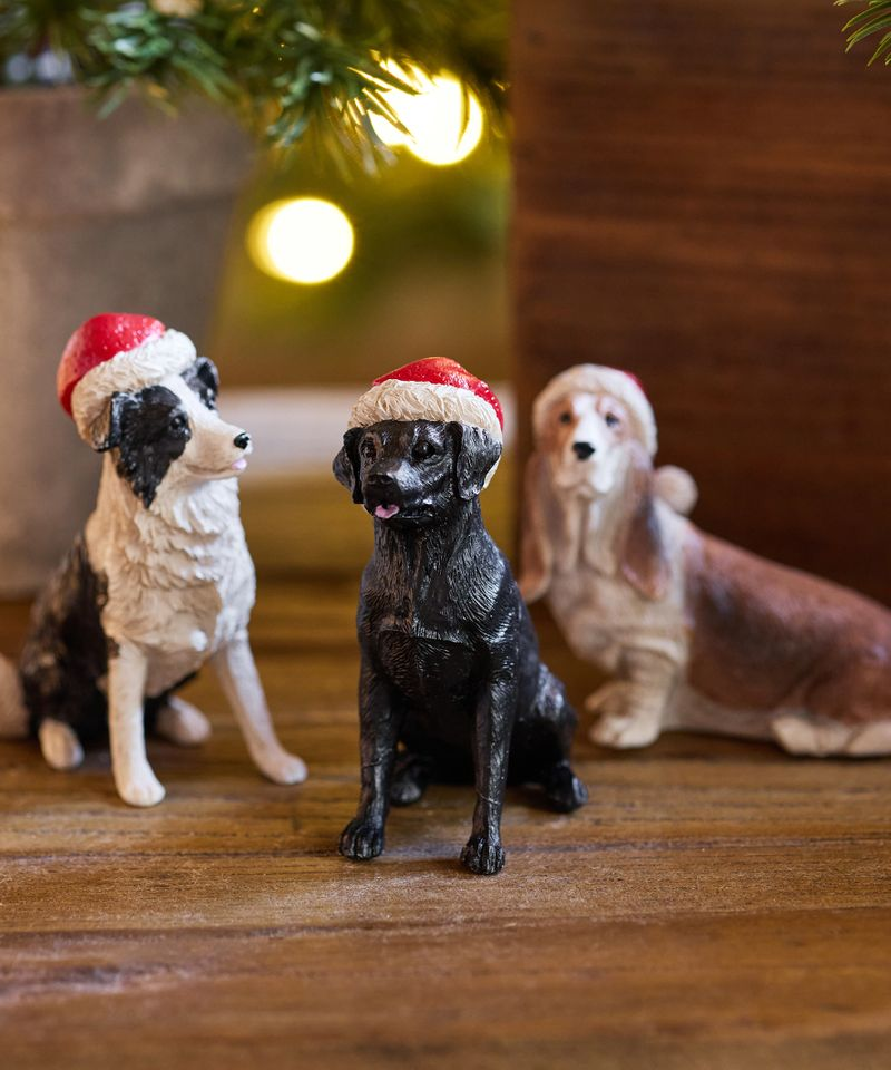 French Country Black Dog with Santa Hat