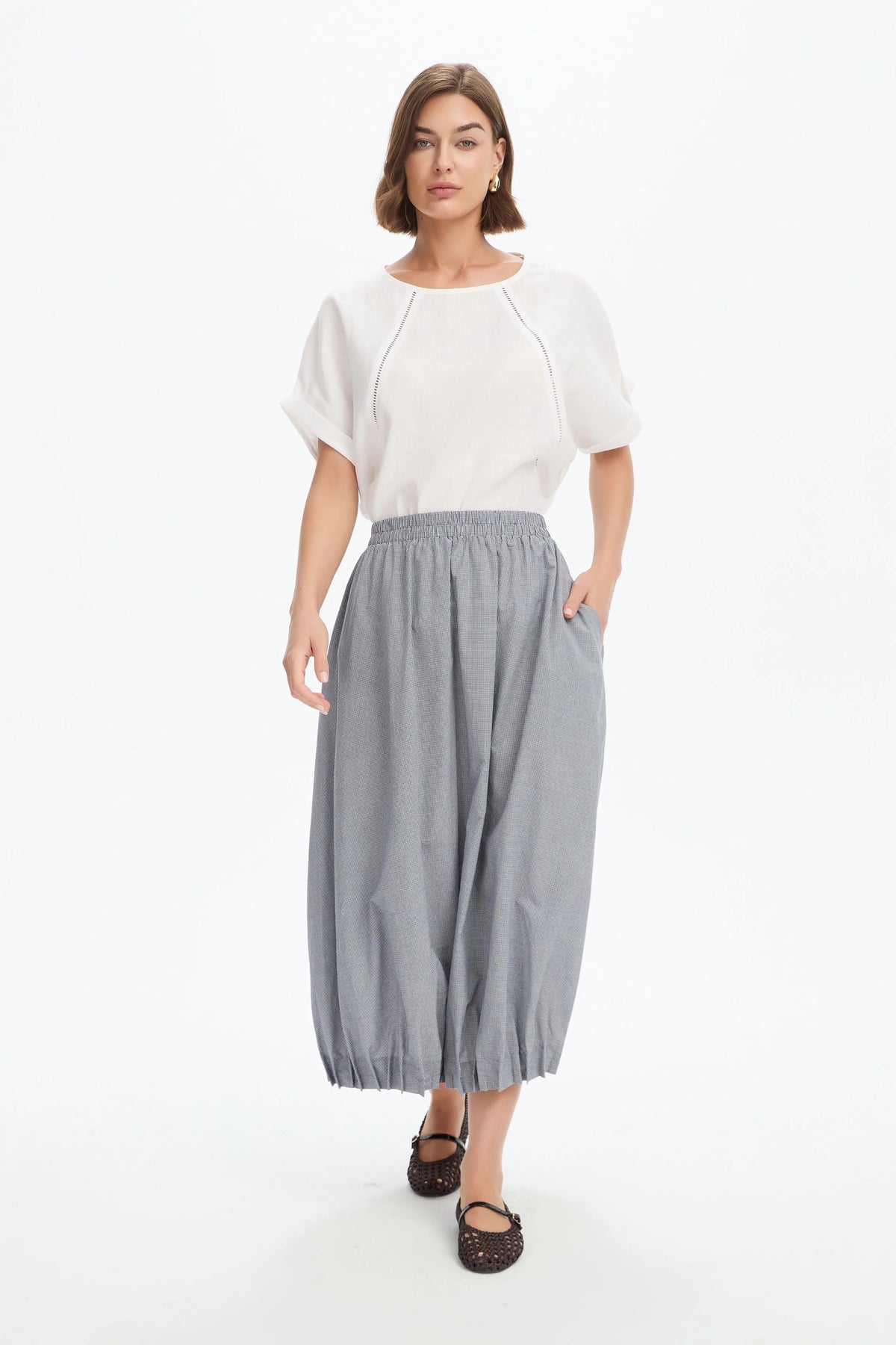 Tirelli Pin Tuck Hem Gingham Skirt - Black/White/Gingham