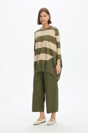 Tirelli Stripe Billow Combi Top - Green/Beige Stripe