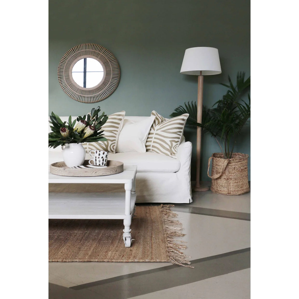 CC Interiors White Wash Cane Round Mirror