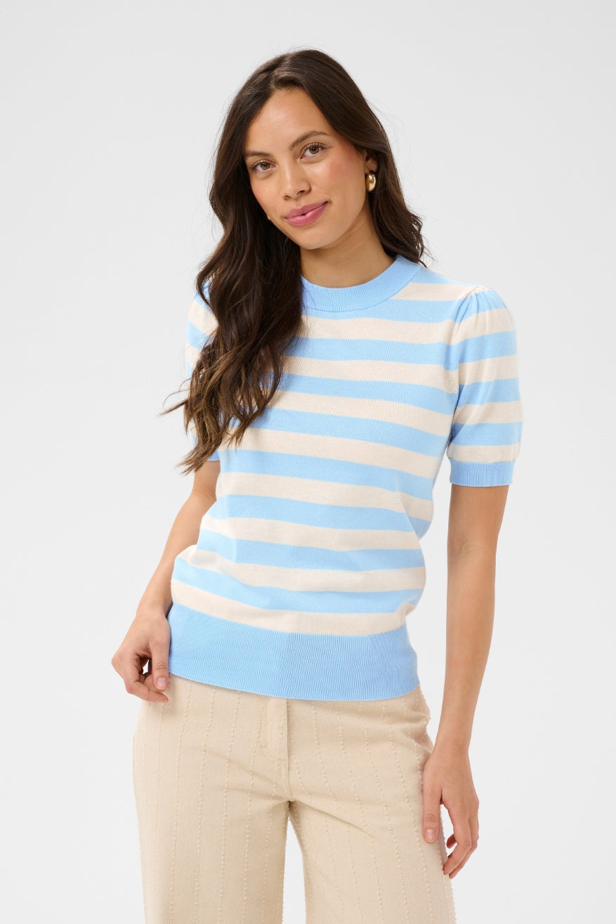 Saint Tropez Mila SS Block Stripe Pullover - Cerulean Beige Block Stripe