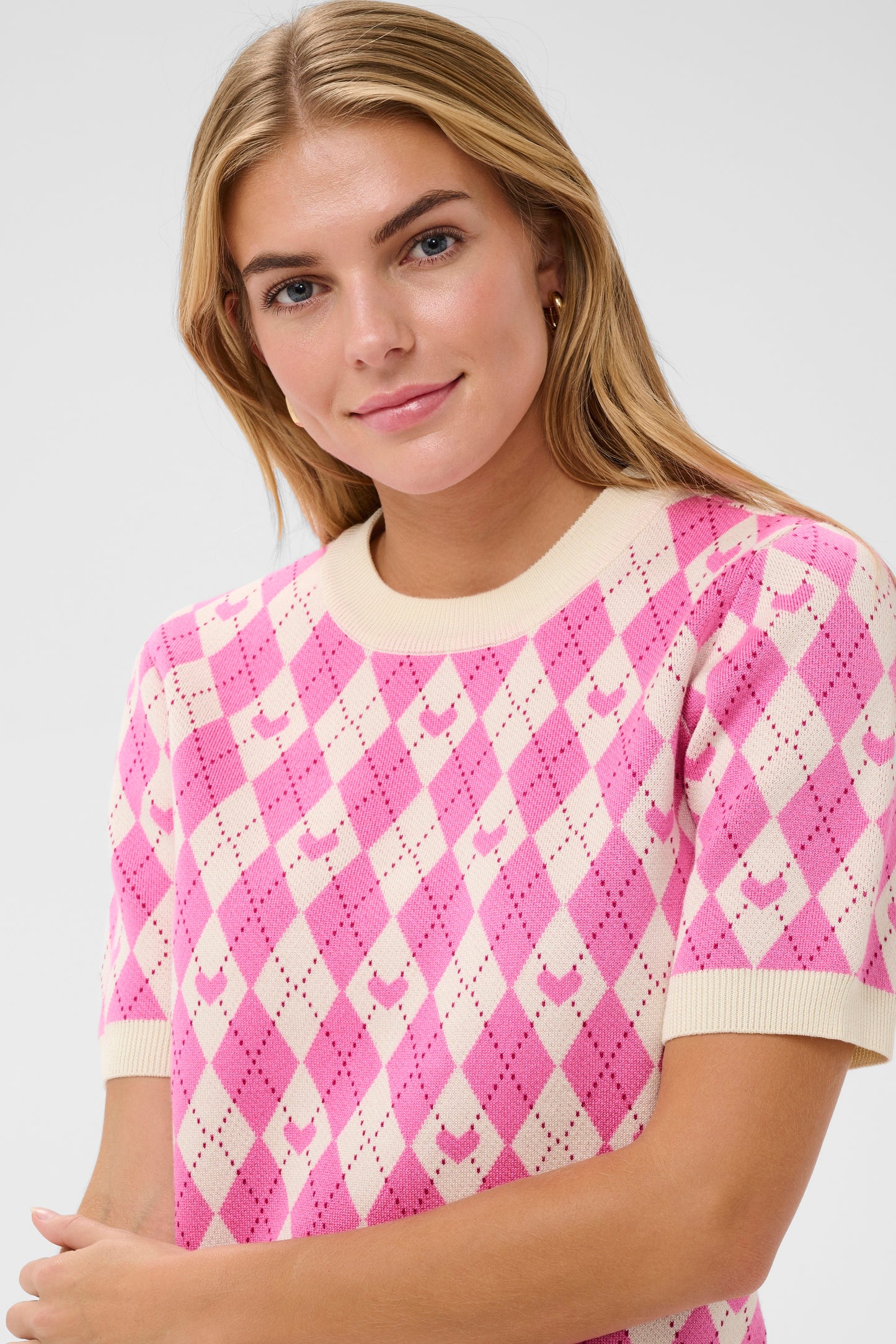 Saint Tropez Pamilla SS Pullover - Pink Shades Argyle Hearts