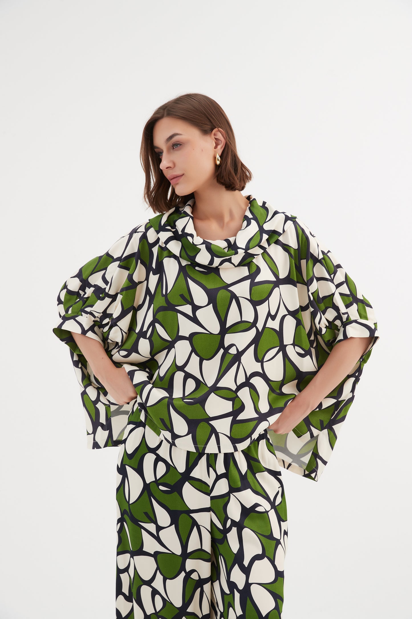 Tirelli Funnel Neck Print Top - Green Oasis Print