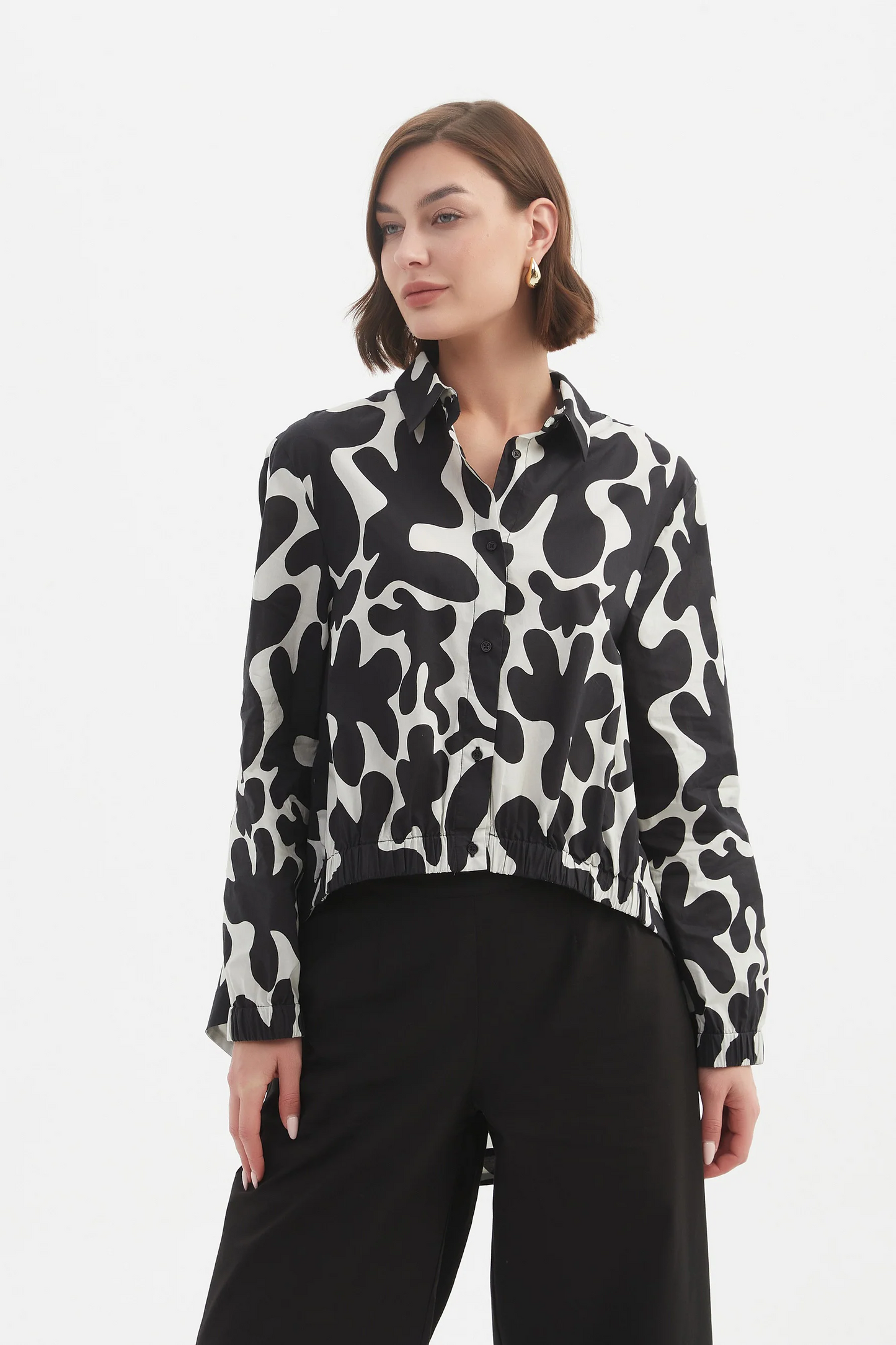 Tirelli Elastic Front Hem Print Shirt - Black/Cream Print