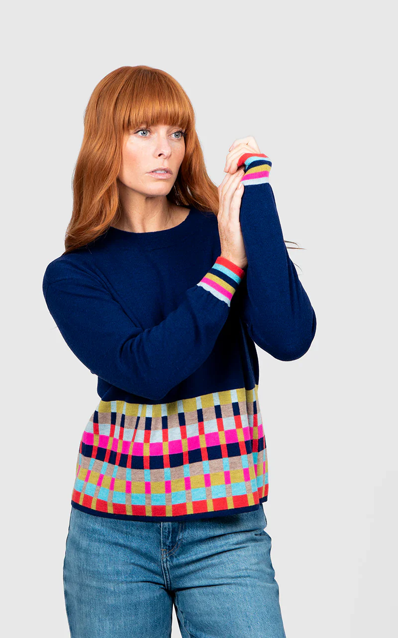 Bridge & Lord Jacquard Check Border Pullover - Carbon Blue