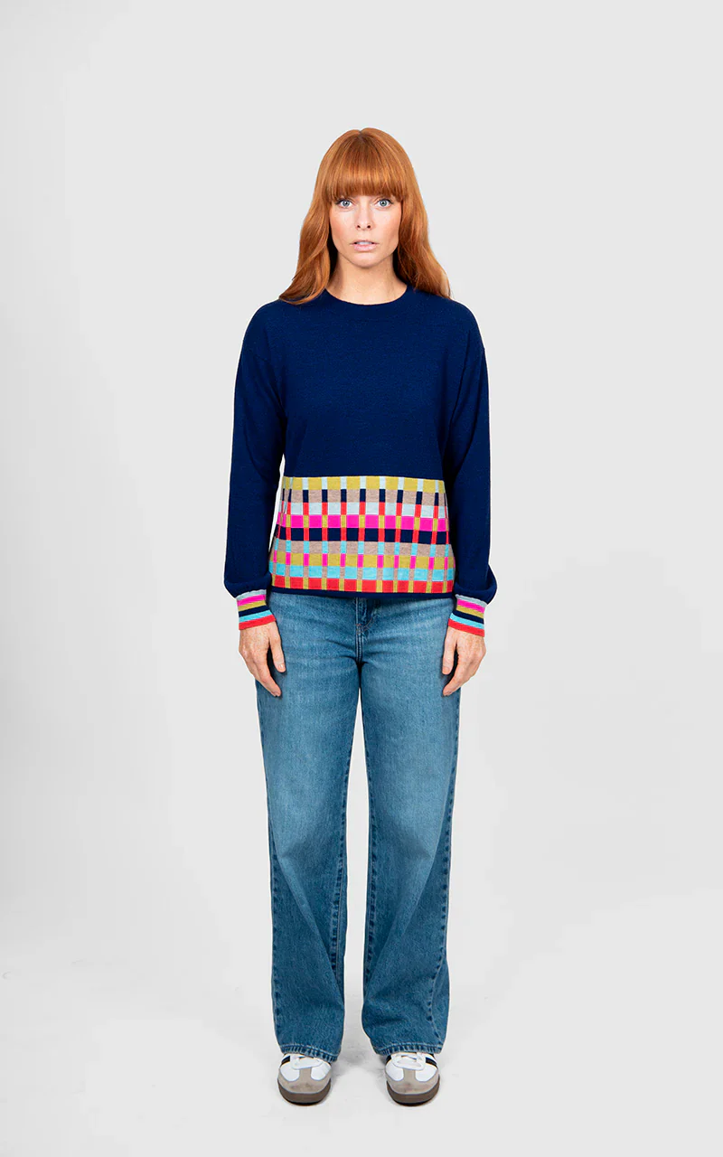 Bridge & Lord Jacquard Check Border Pullover - Carbon Blue