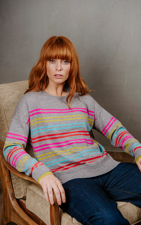 Bridge & Lord Multi Stripe Relaxed Pullover - Mid Grey Stripe