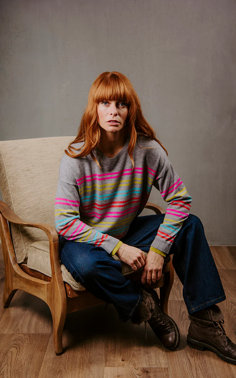 Bridge & Lord Multi Stripe Relaxed Pullover - Mid Grey Stripe