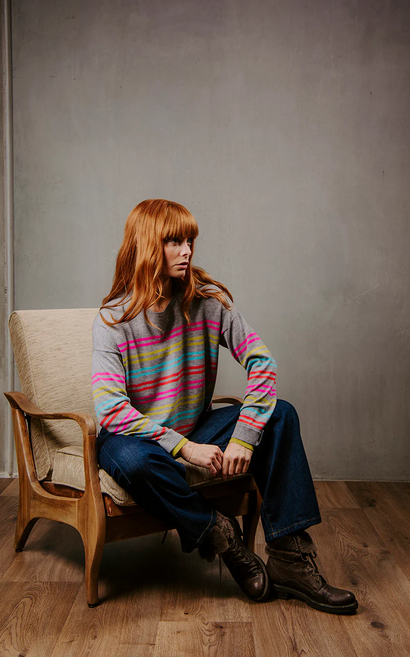 Bridge & Lord Multi Stripe Relaxed Pullover - Mid Grey Stripe